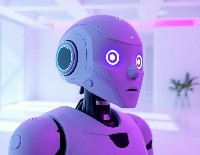 Professional AI robot assistant with purple and blue gradient lighting